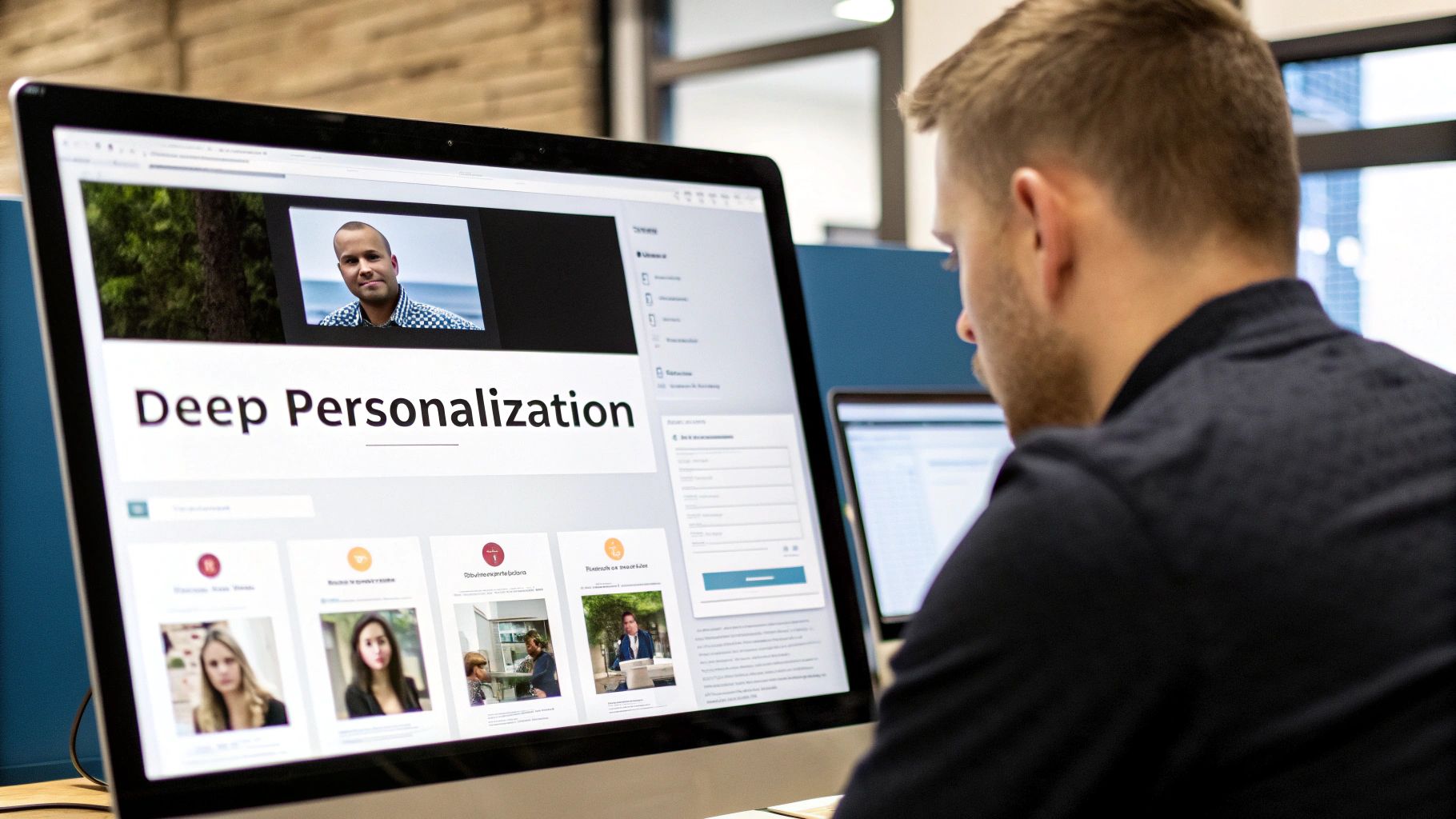 A man works on a computer displaying a webpage titled 'Deep Personalization' with various profile images.