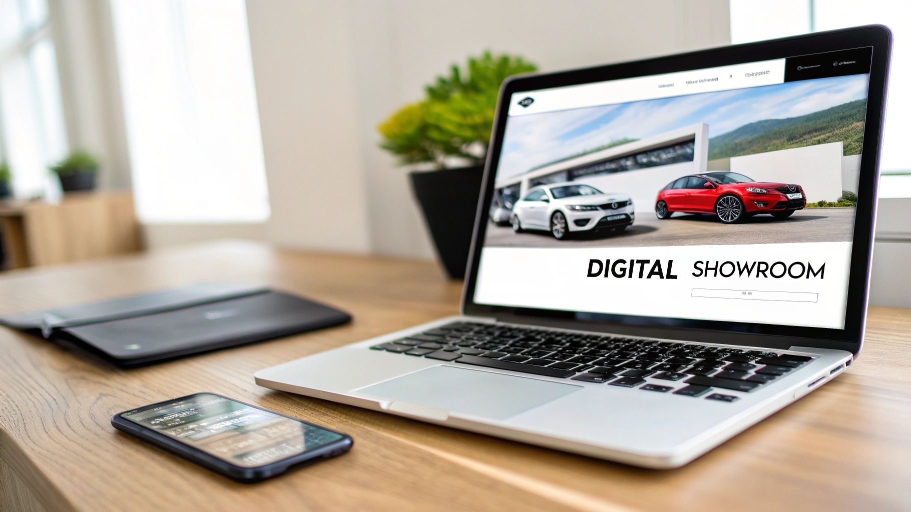Photo of a modern car showroom with bright lights, highlighting a sleek, new car.