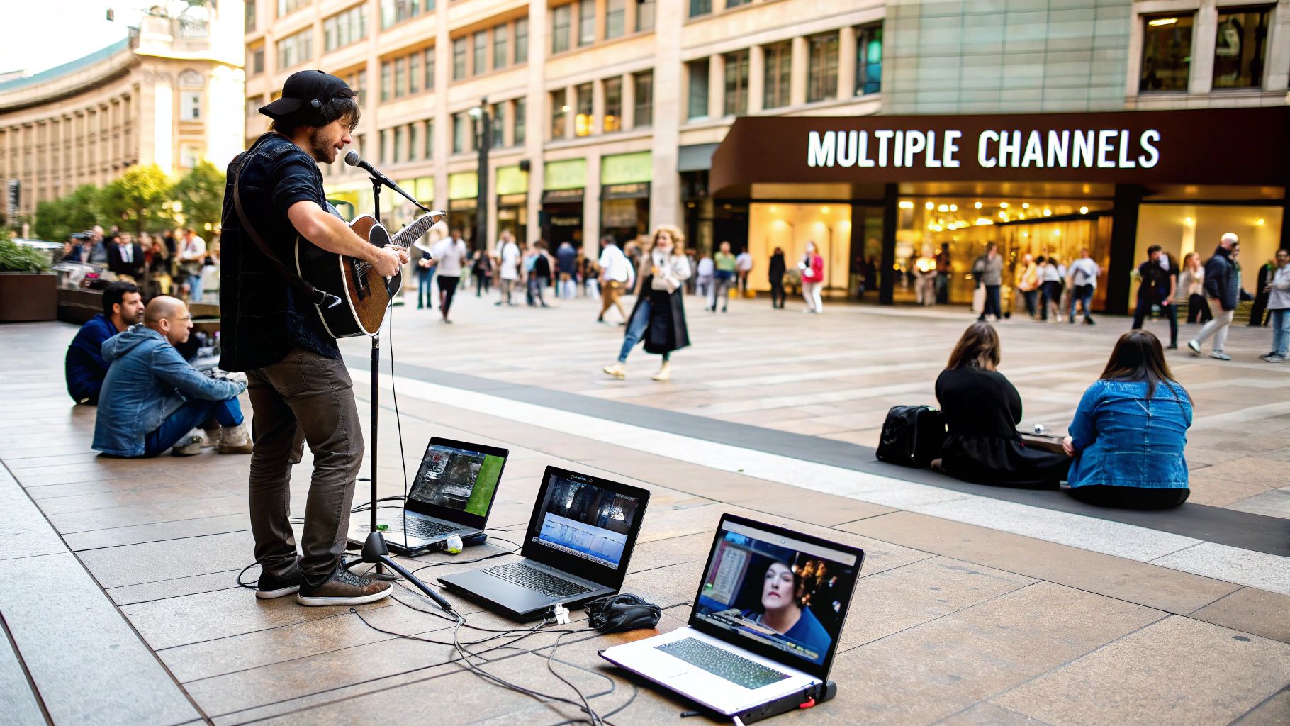 A group of people collaborating on a multichannel marketing strategy with laptops and sticky notes.