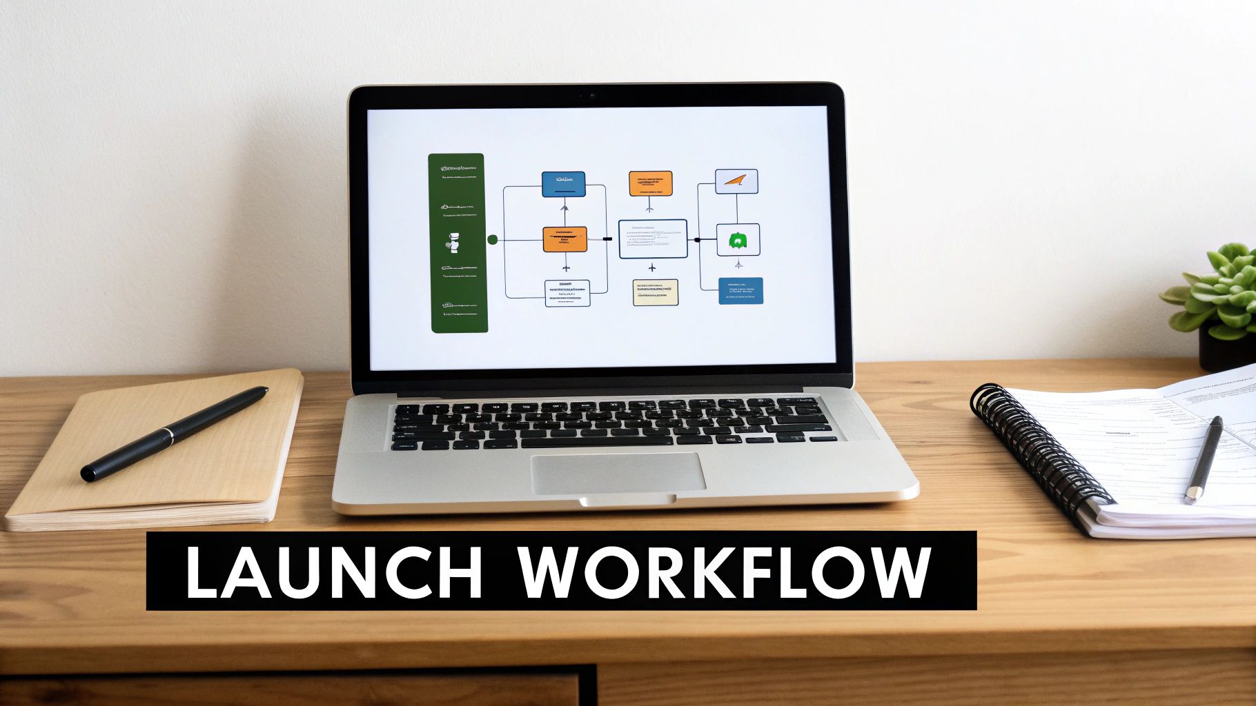 A laptop on a wooden desk displays a colorful business workflow diagram, with notebooks and pens.