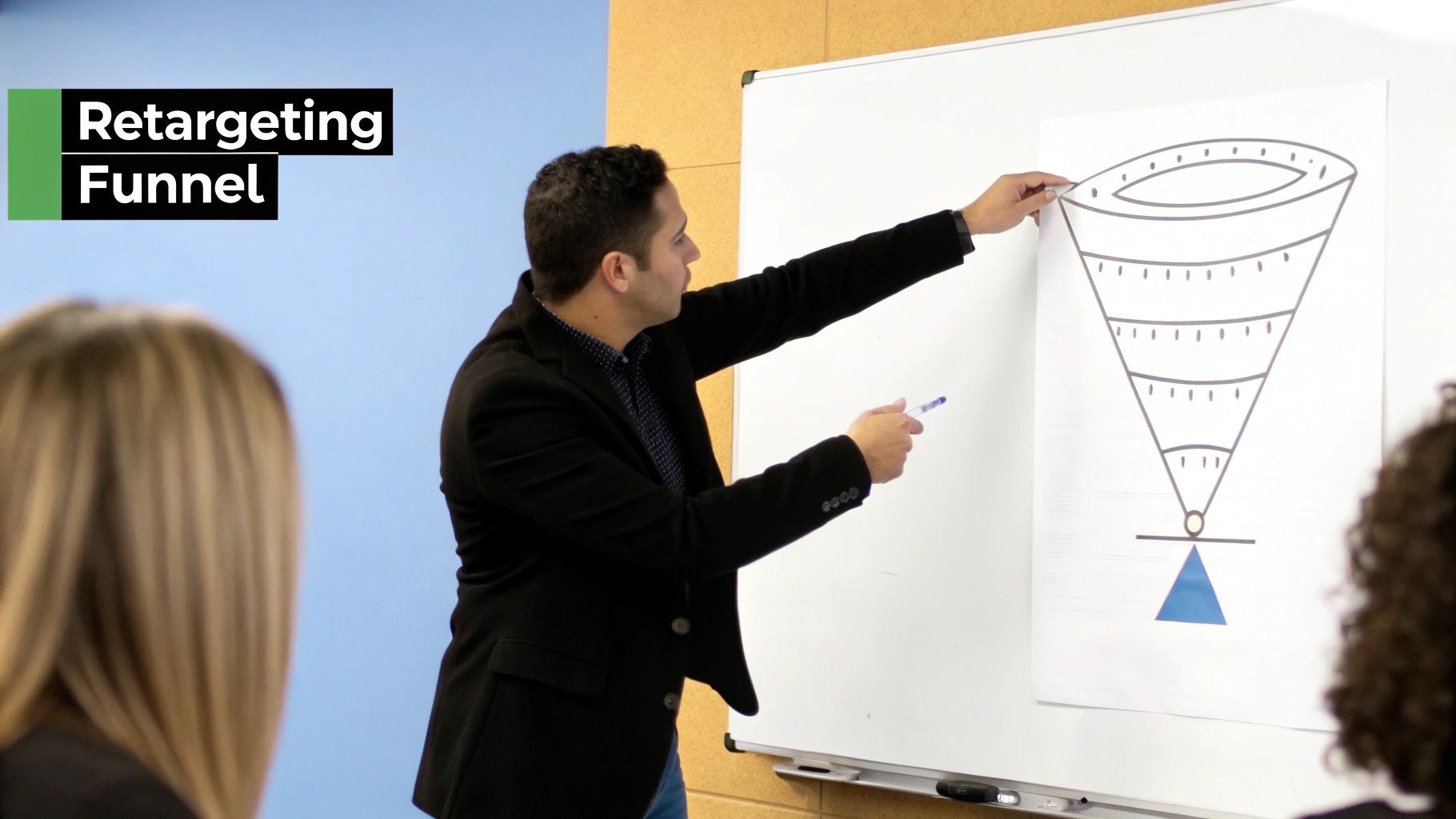 A diagram showing a marketing funnel with different retargeting strategies for each stage: Awareness, Consideration, and Conversion.