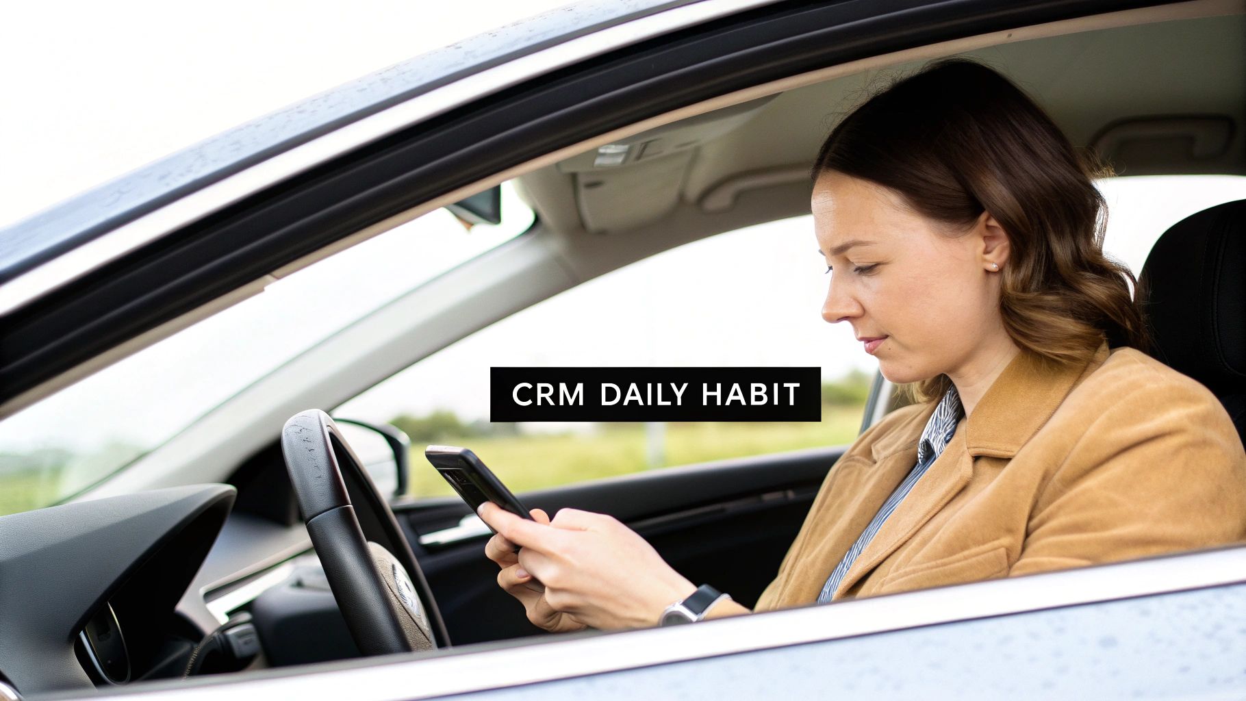 Young woman sitting in a car, focused on her smartphone, with text 'CRM DAILY HABIT'.