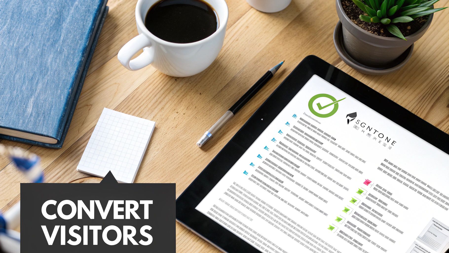 A flat lay of a work desk featuring a tablet displaying a business document, coffee, a book, and 'CONVERT VISITORS' text.