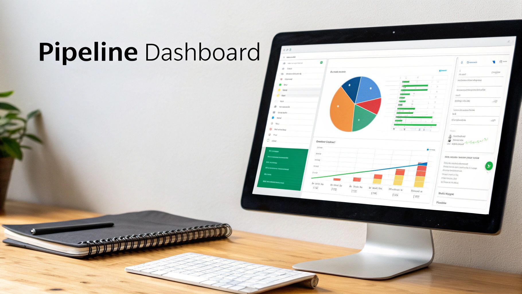A computer monitor displays a 'Pipeline Dashboard' with various charts and graphs on a wooden desk.