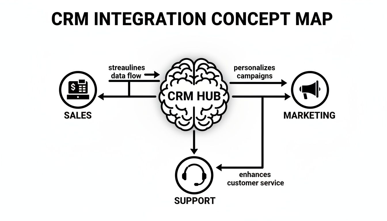 A CRM Integration Concept Map showing a CRM Hub connecting Sales, Marketing, and Support with arrows indicating data flow.