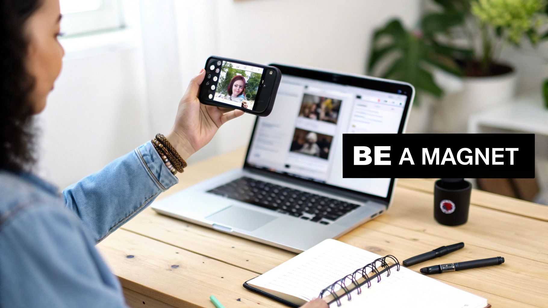 A woman working on a laptop with a lightbulb idea bubble above her head.