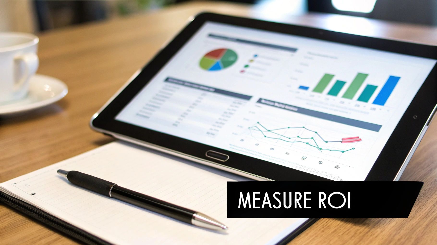 A person pointing at a screen showing business metrics and charts