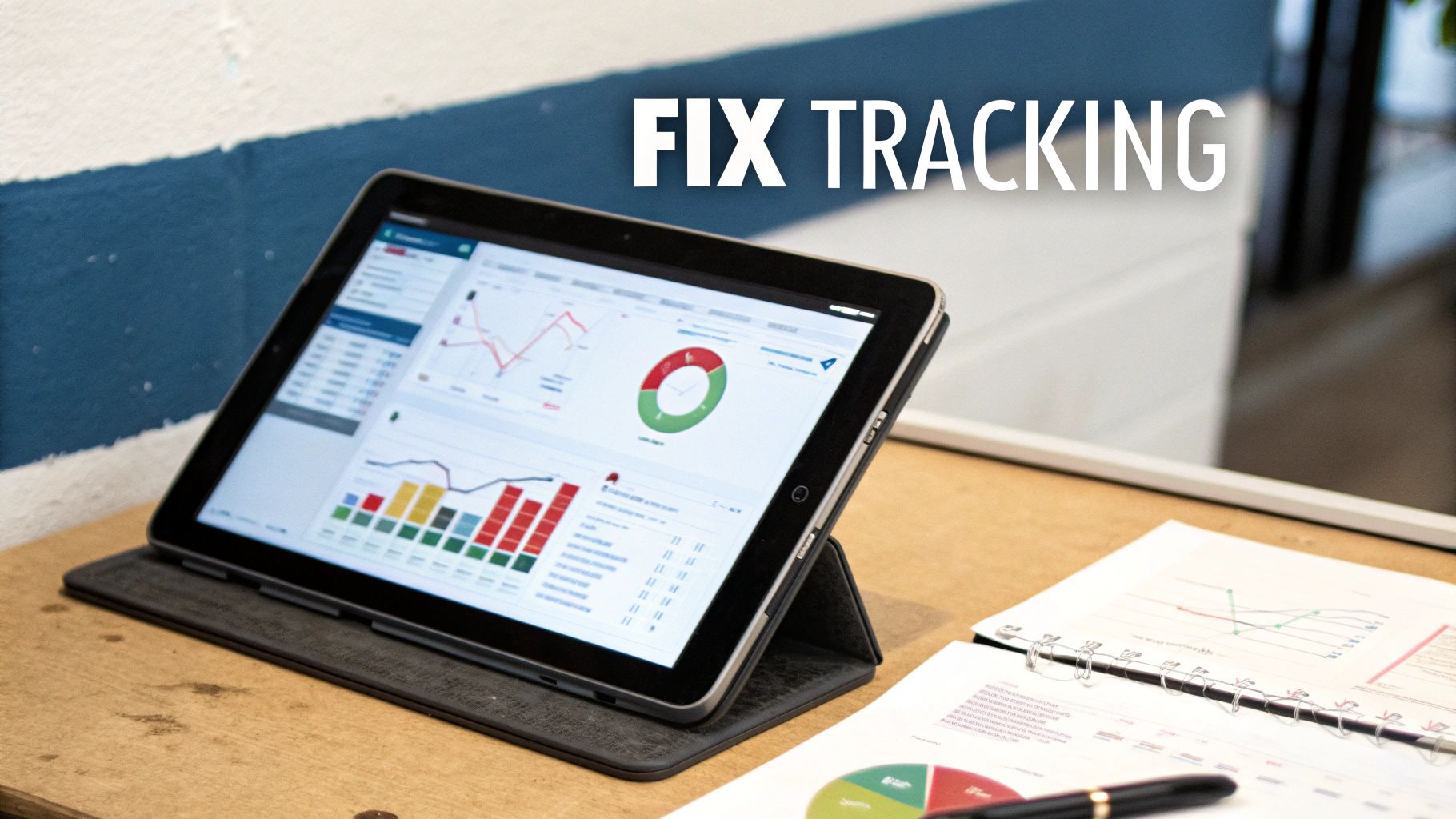 A tablet and notebook display business data with charts and graphs, for tracking fixes.