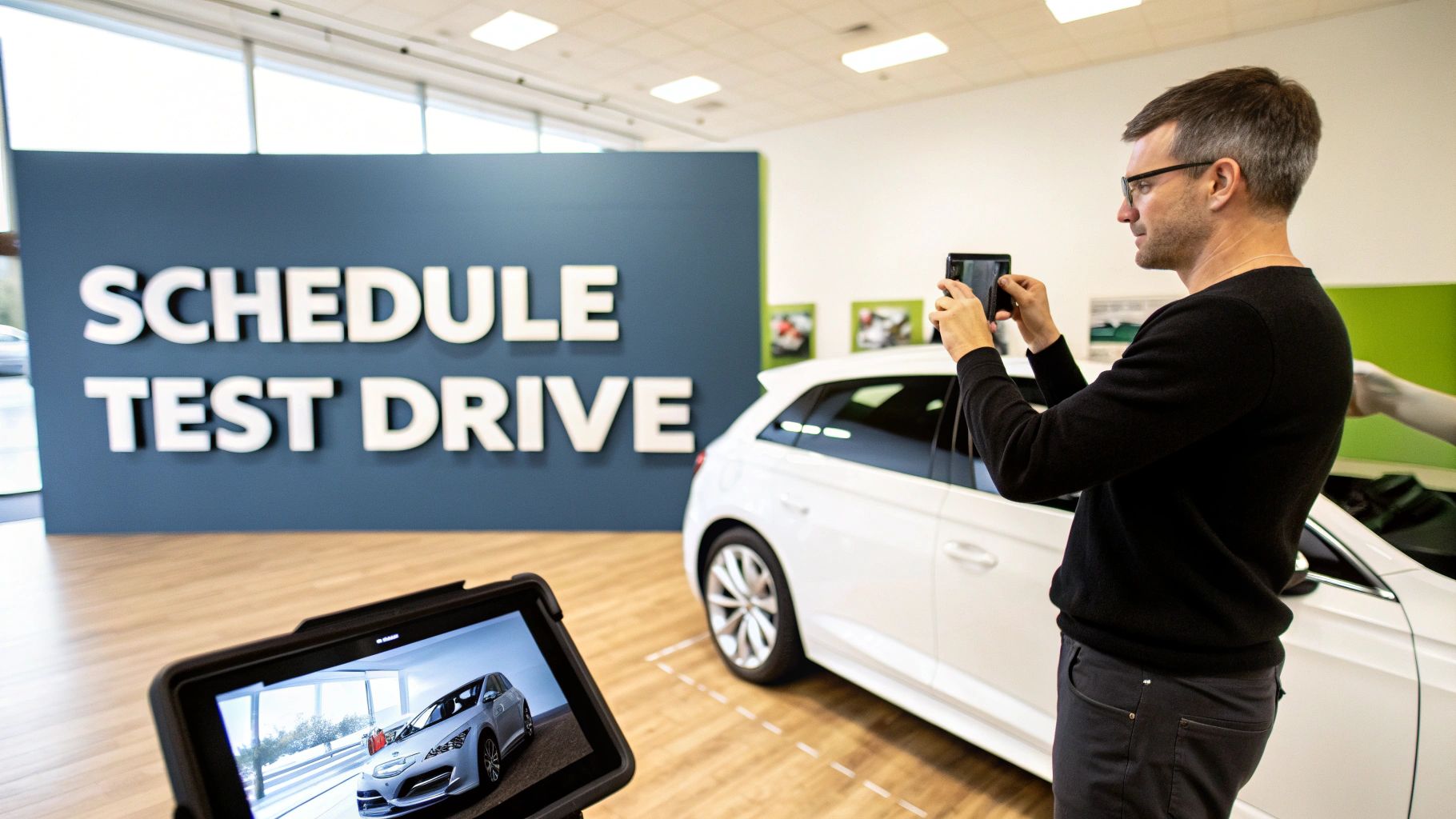 A salesperson handing car keys to a happy customer in a dealership showroom