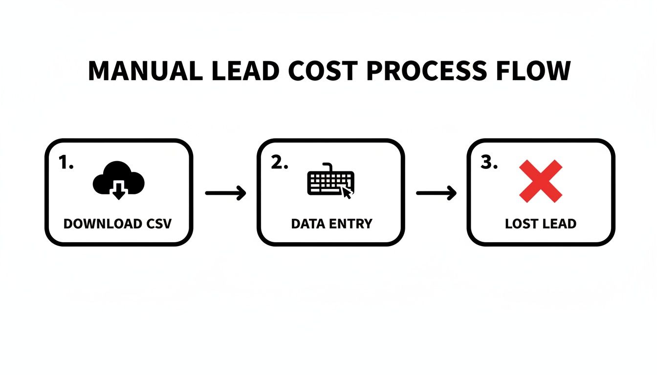 Diagram showing a three-step manual lead cost process: download CSV, data entry, and lost lead.