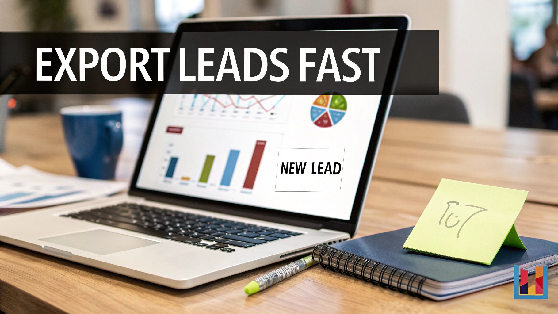 Laptop displaying business charts, 'NEW LEAD', and 'EXPORT LEADS FAST' text on a desk.