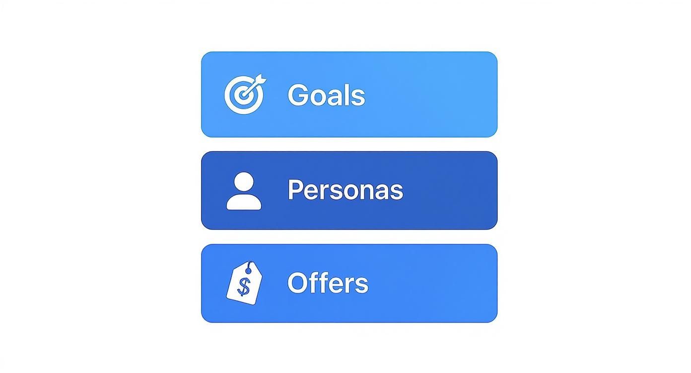 Three blue buttons are stacked vertically, labeled Goals, Personas, and Offers, each with a relevant icon.