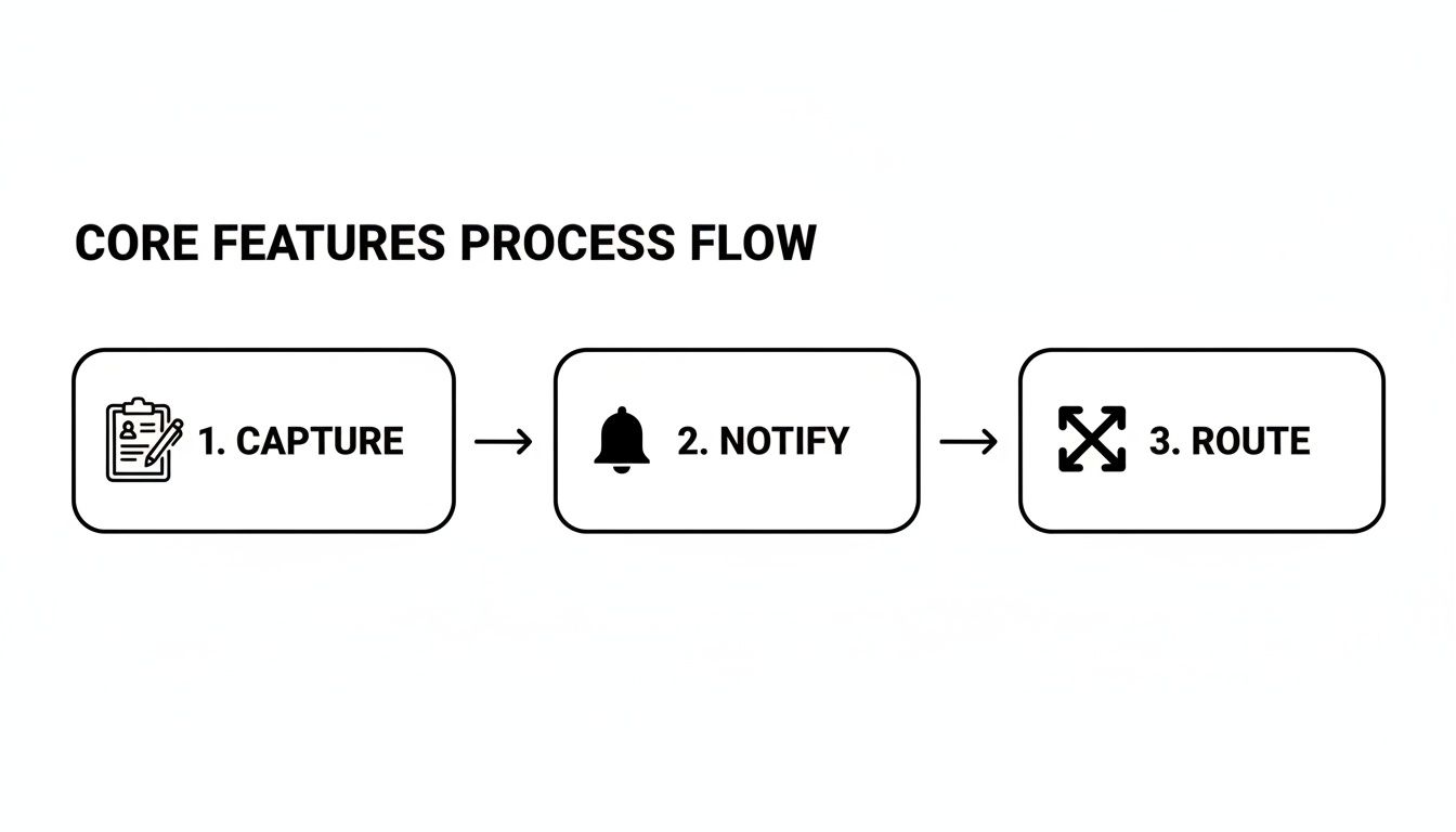 A core features process flow diagram showing three steps: 1. Capture, 2. Notify, and 3. Route.
