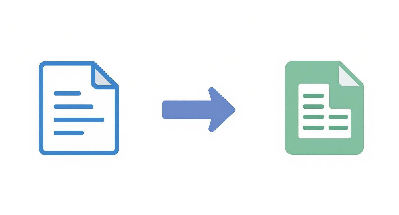Icon showing a document converting to a green spreadsheet, symbolizing data transfer or automation.