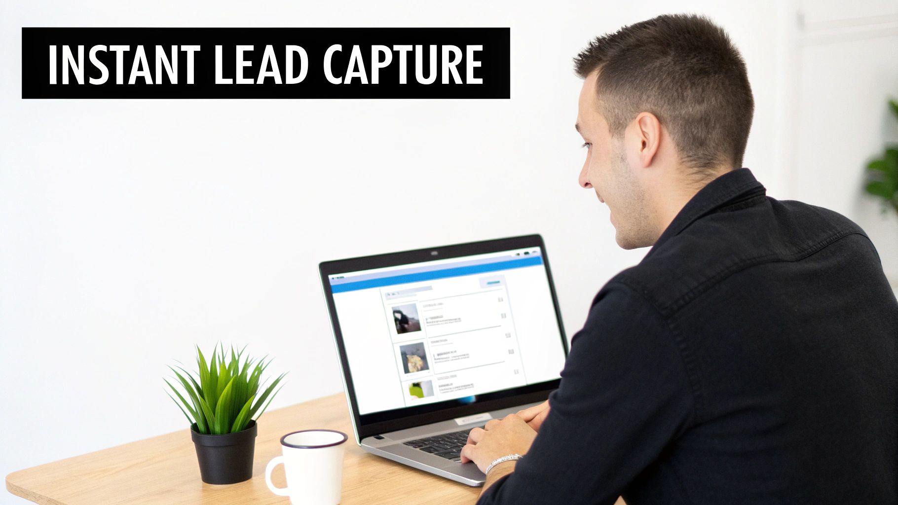 Smiling man using a laptop at a desk with a plant and mug, promoting instant lead capture.