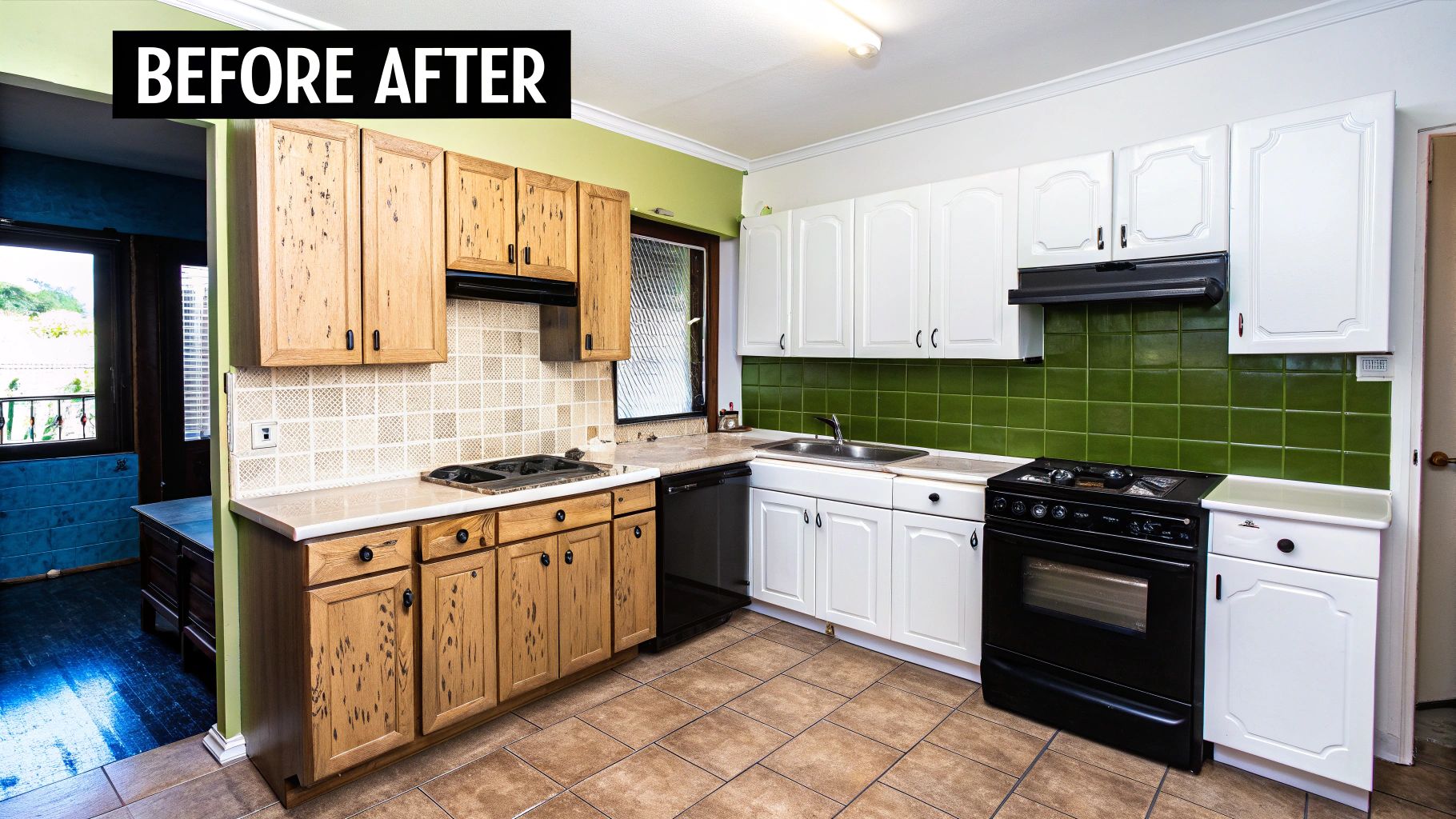 A split image showcasing two distinct kitchen styles: one with light wooden cabinets and beige backsplash, another with white cabinets and green tiles.
