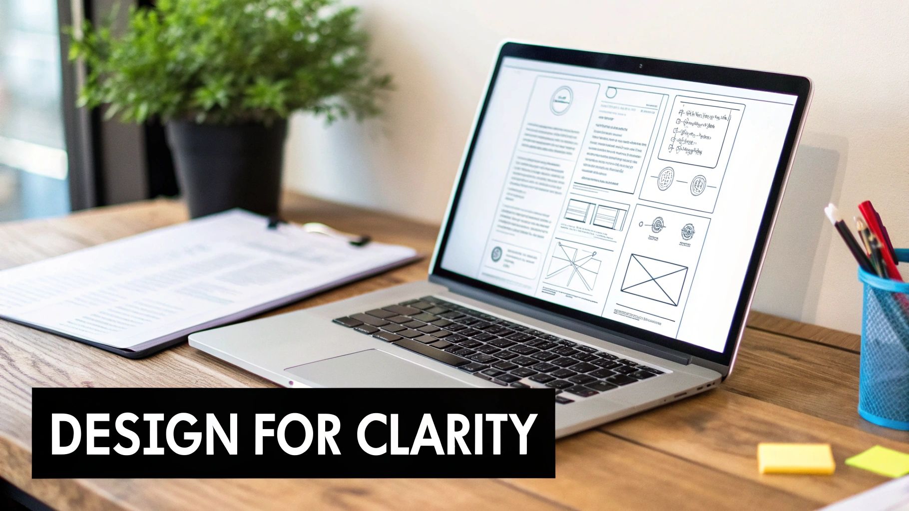 A laptop on a wooden desk displays design wireframes, next to a clipboard, plant, and pens.