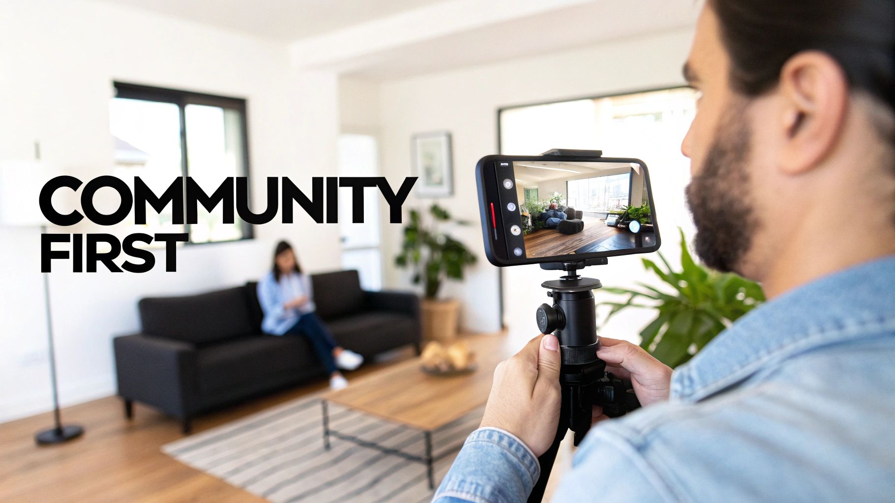 A real estate agent discussing a property with clients in a modern kitchen.
