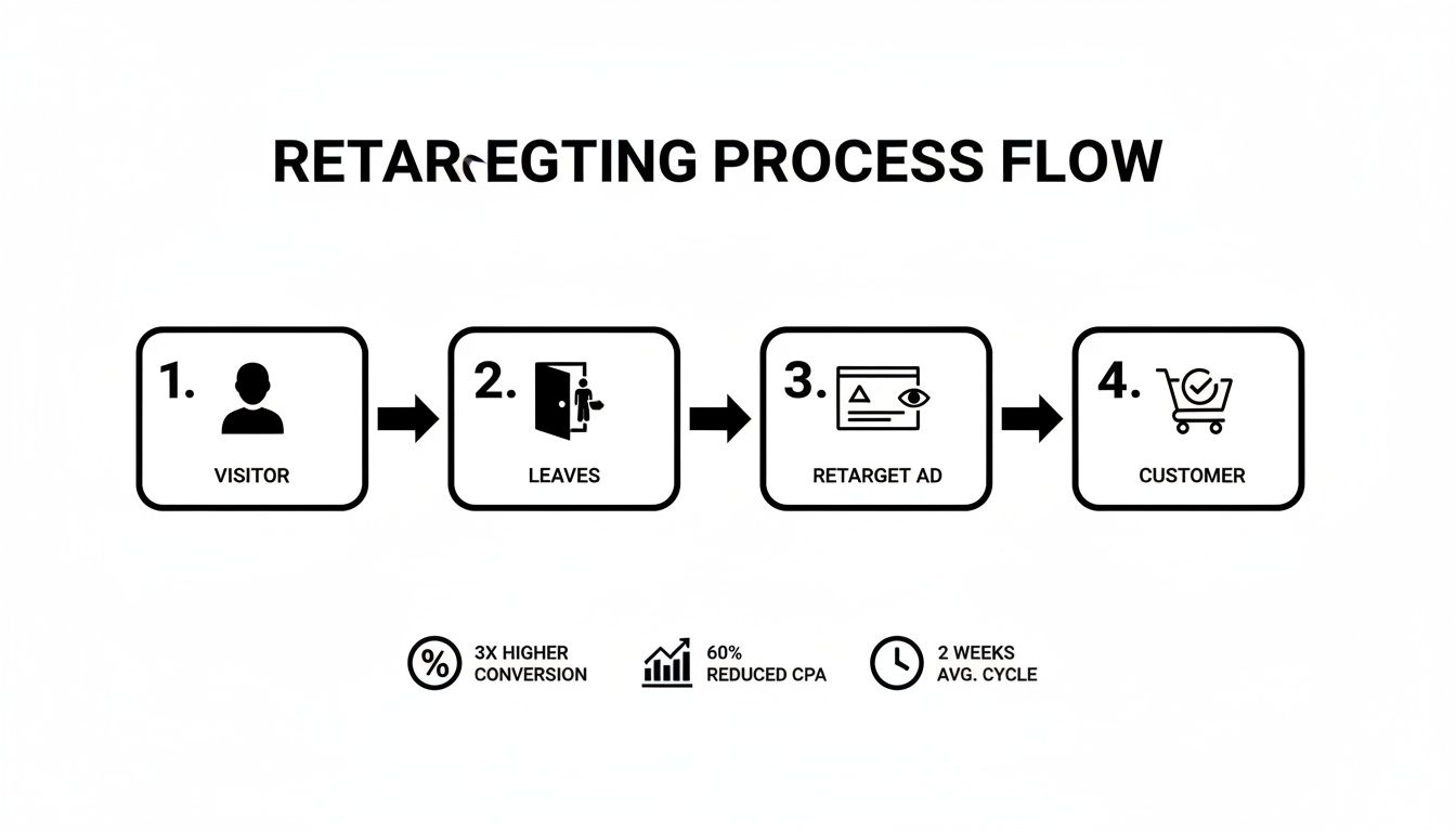 Flowchart showing the retargeting process from visitor to customer, highlighting benefits.