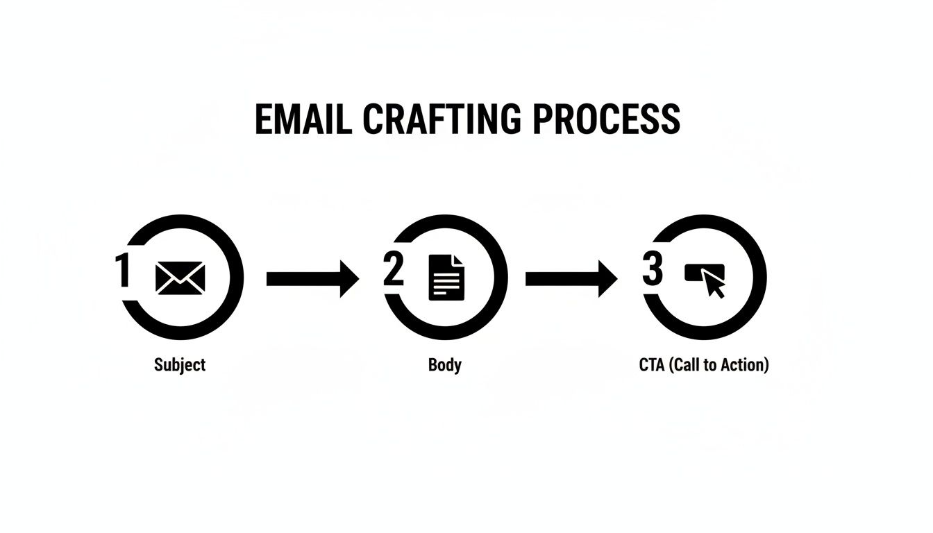 Diagram illustrating the email crafting process with three steps: Subject, Body, and Call to Action.