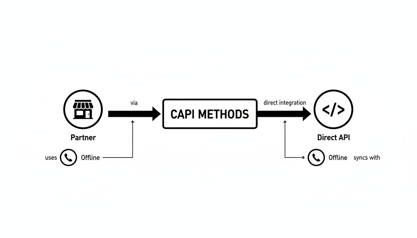 A flow diagram illustrating how Partner and Offline data integrate with CAPI Methods and Direct API.