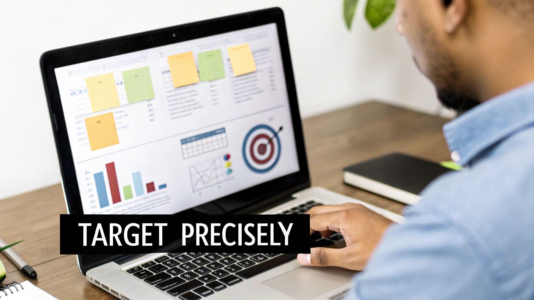 Man analyzing business data and charts on a laptop screen, overlaid with 'Target Precisely' text.
