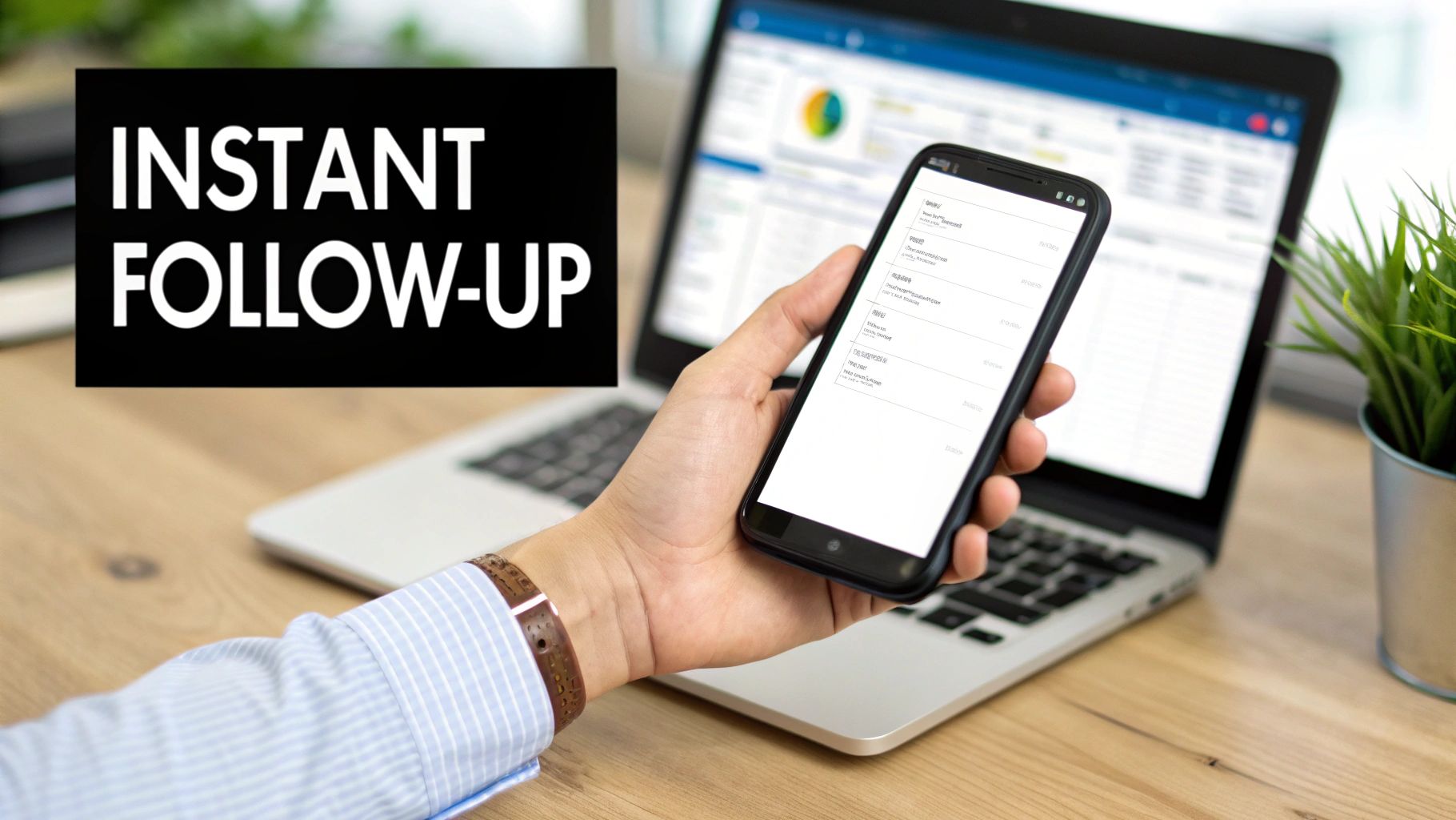 A person's hand holds a smartphone showing data, with a laptop and 'INSTANT FOLLOW-UP' text.