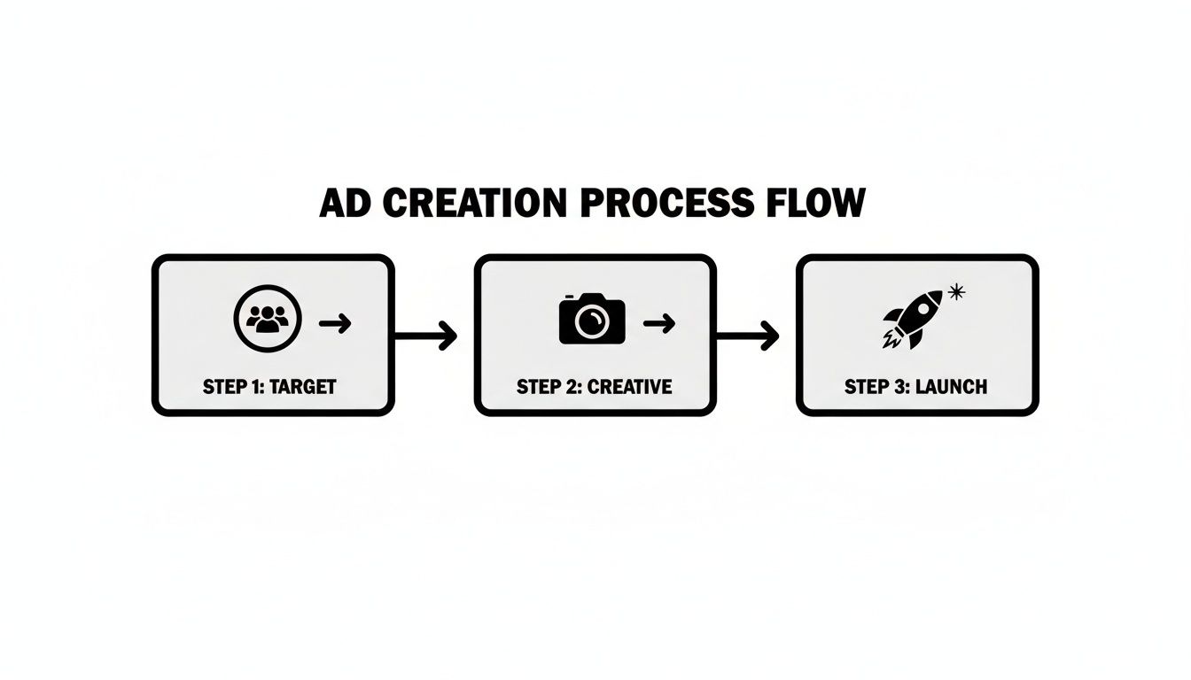 Flowchart illustrating the three-step ad creation process: target audience, creative development, and launch.