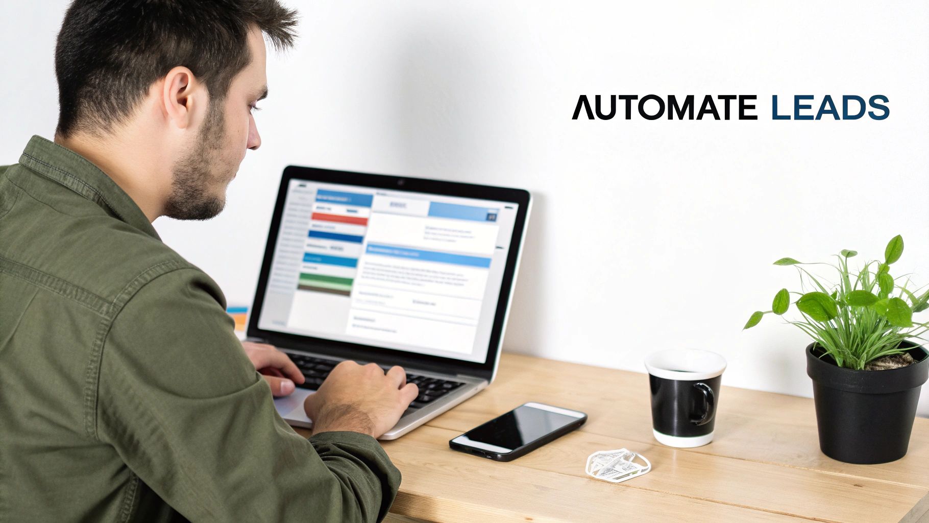 A man works on a laptop to automate leads for small business marketing, with a phone and coffee on a desk.