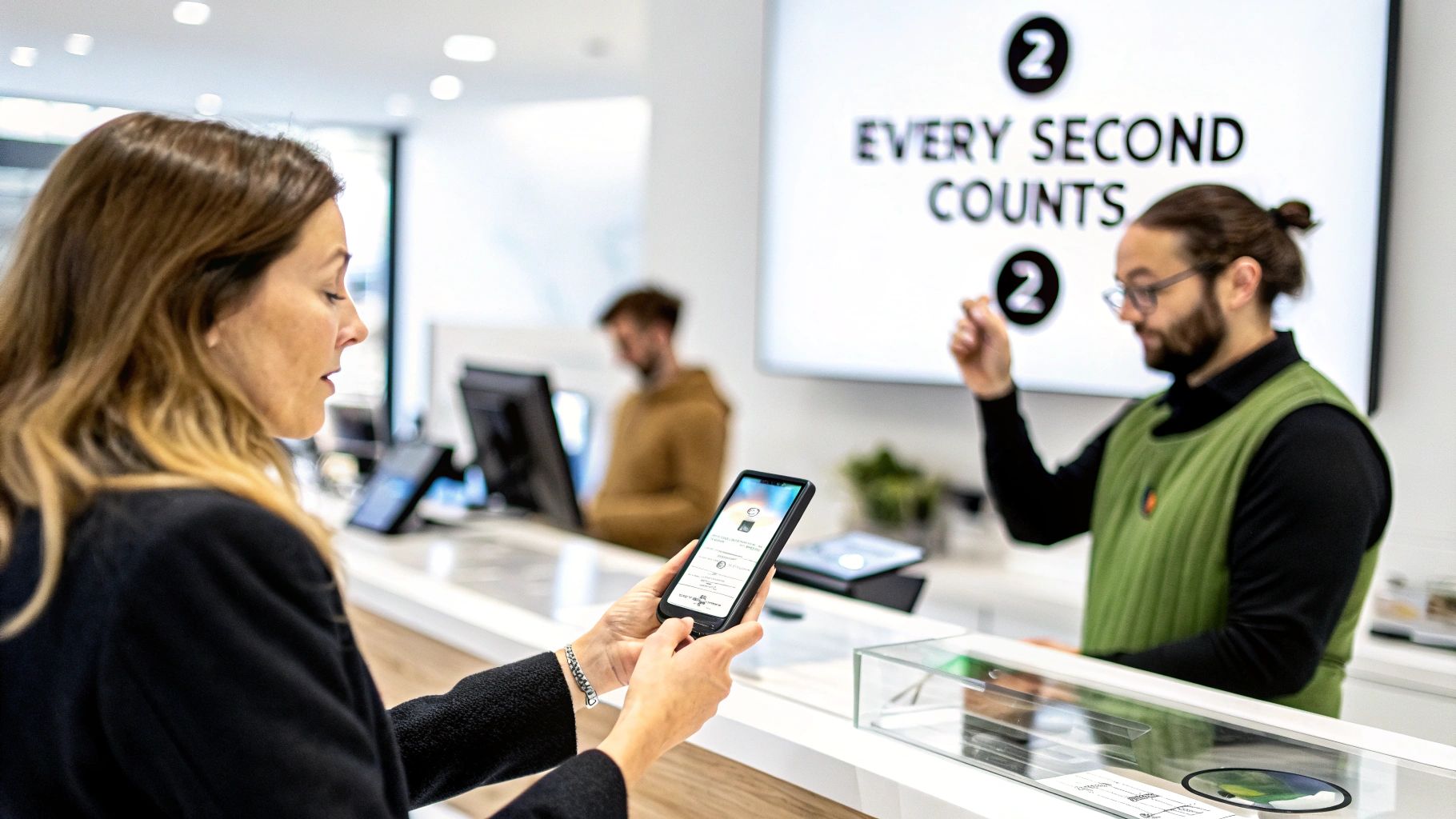 A woman uses a smartphone at a modern counter, engaging with a staff member and digital displays.