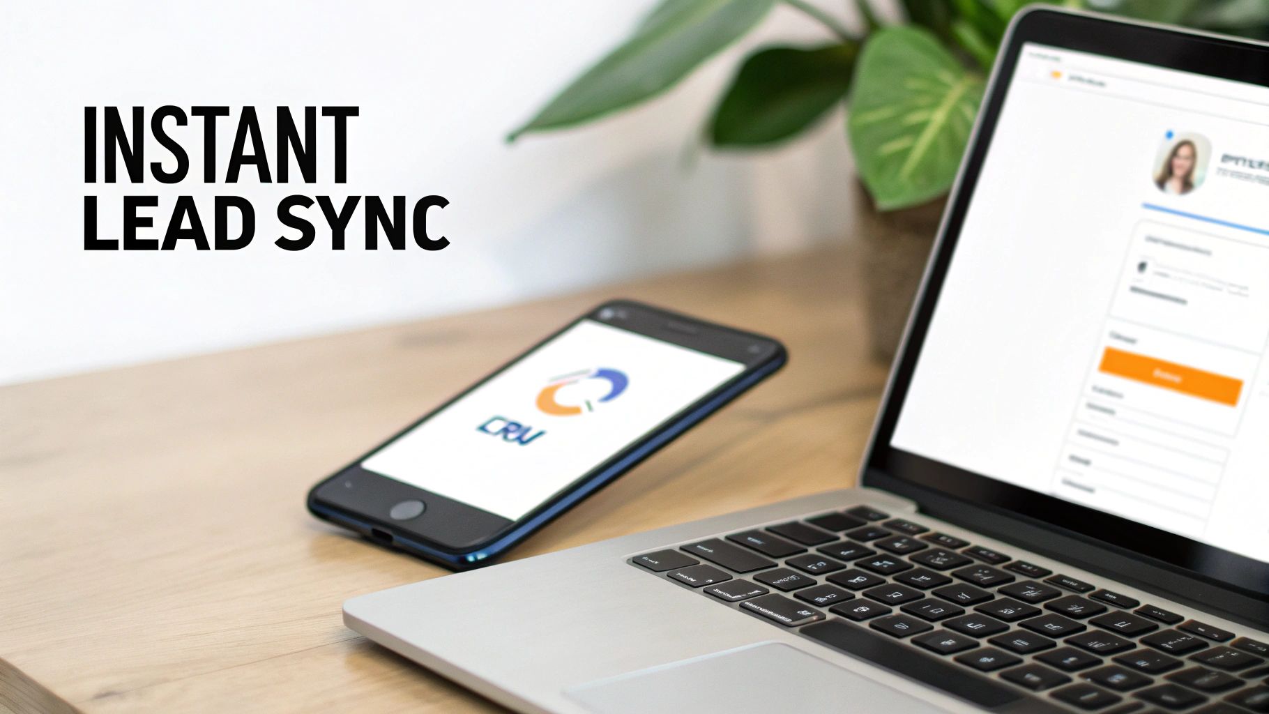 A laptop and smartphone on a desk, displaying instant lead sync for marketing.