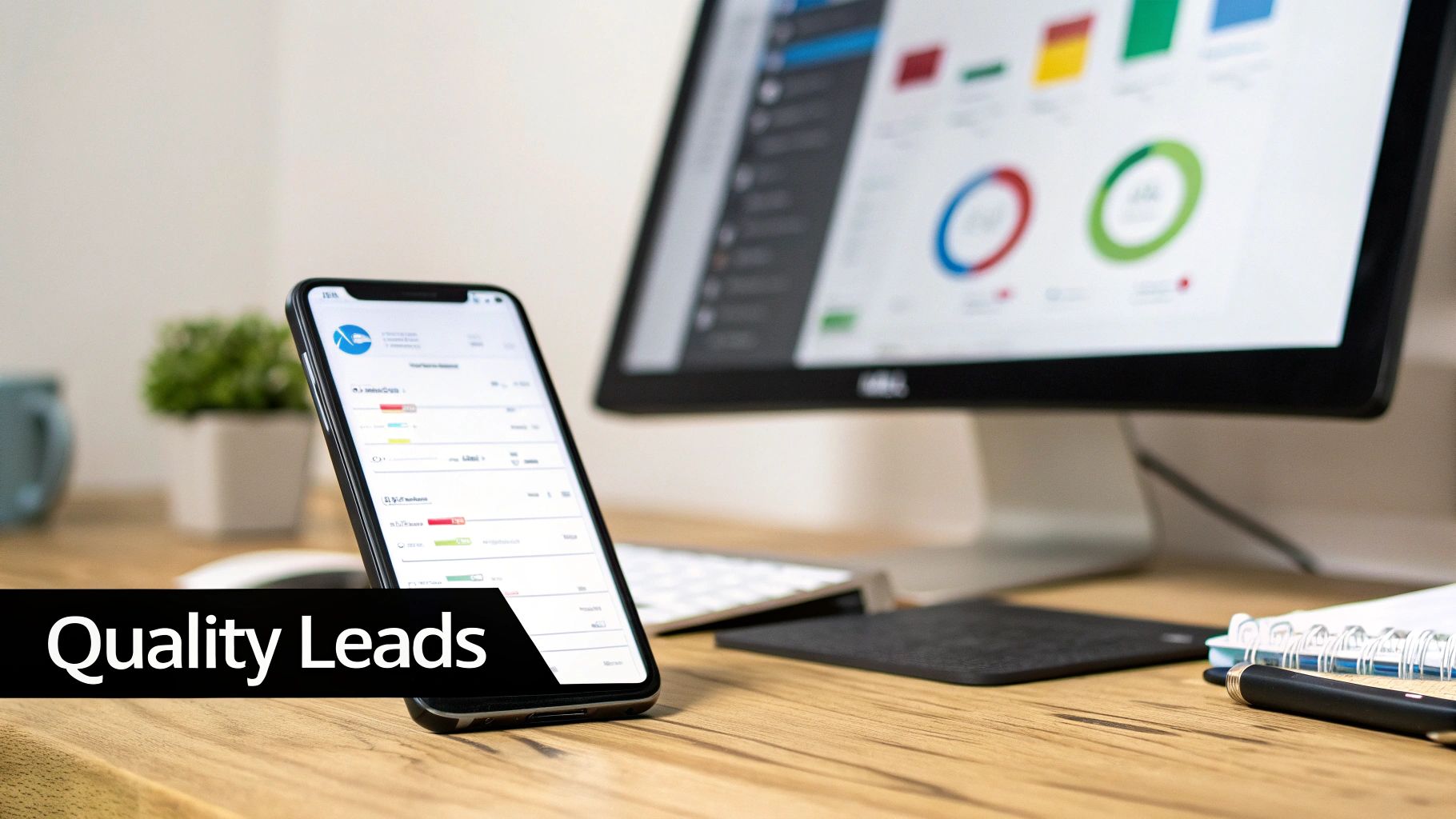 A desk setup with a smartphone and monitor showing sales data, charts, and 'Quality Leads' text.
