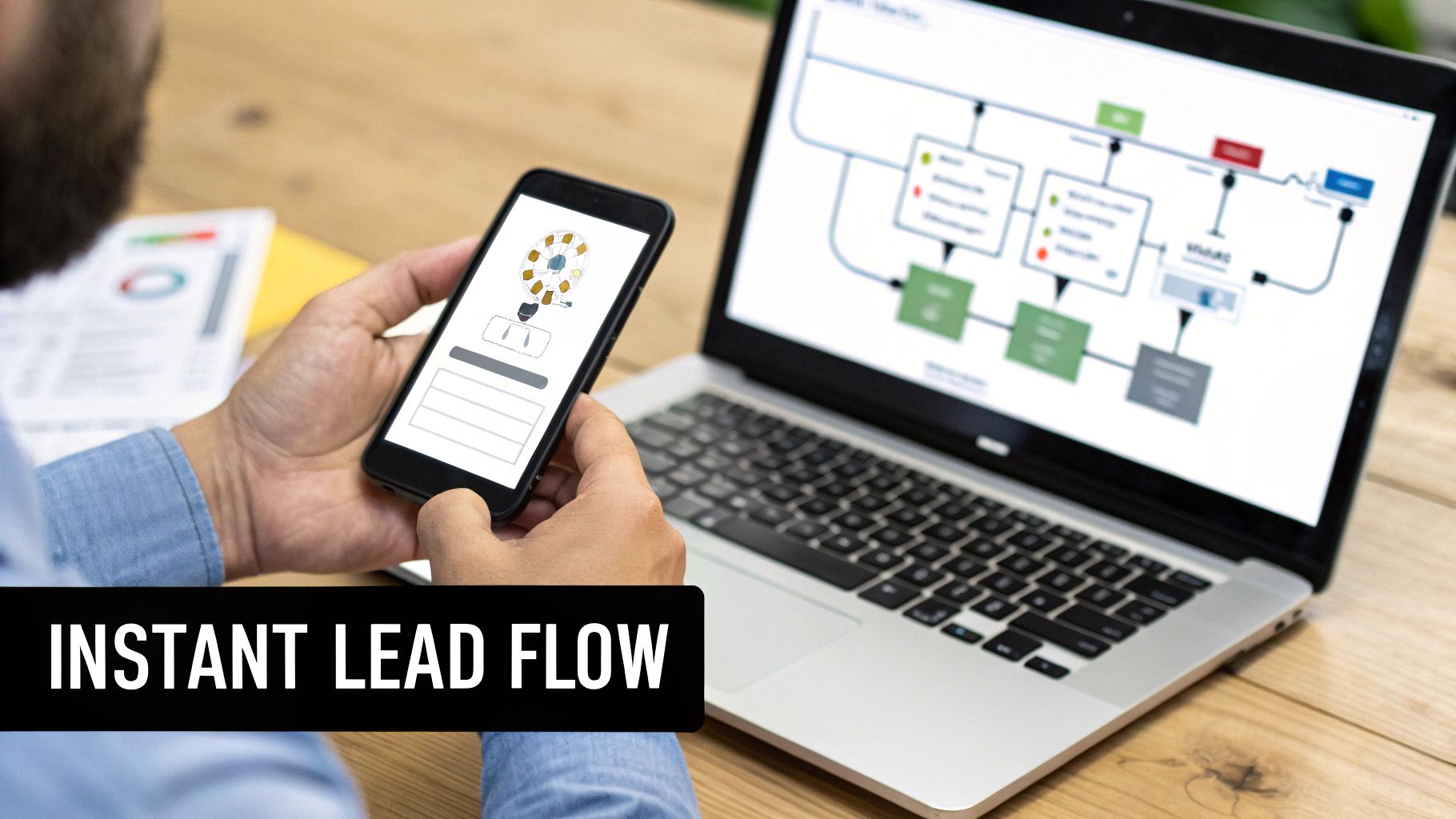 Person holding a smartphone with a lightbulb graphic, next to a laptop displaying a business process flowchart.