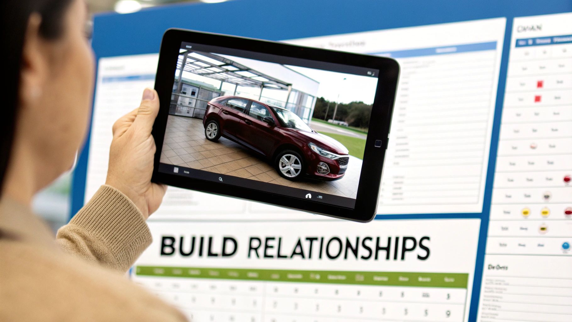 A friendly car salesperson handing keys to a happy customer next to a new car in a dealership.