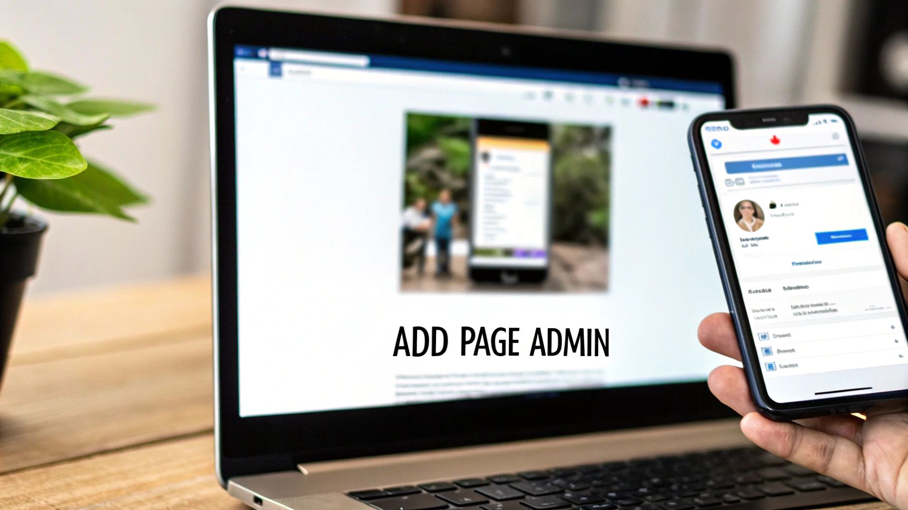A hand holds a smartphone displaying a social media profile, next to a laptop showing 'ADD PAGE ADMIN' text, indicating page management.