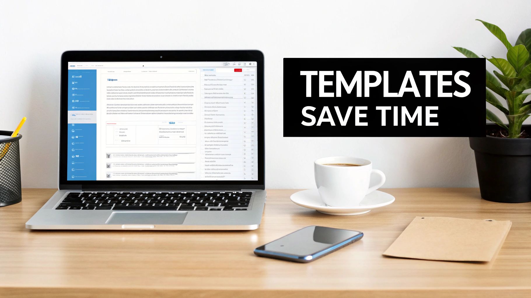 Laptop on a wooden desk displaying a web interface, with a sign 'TEMPLATES SAVE TIME', coffee, and phone.