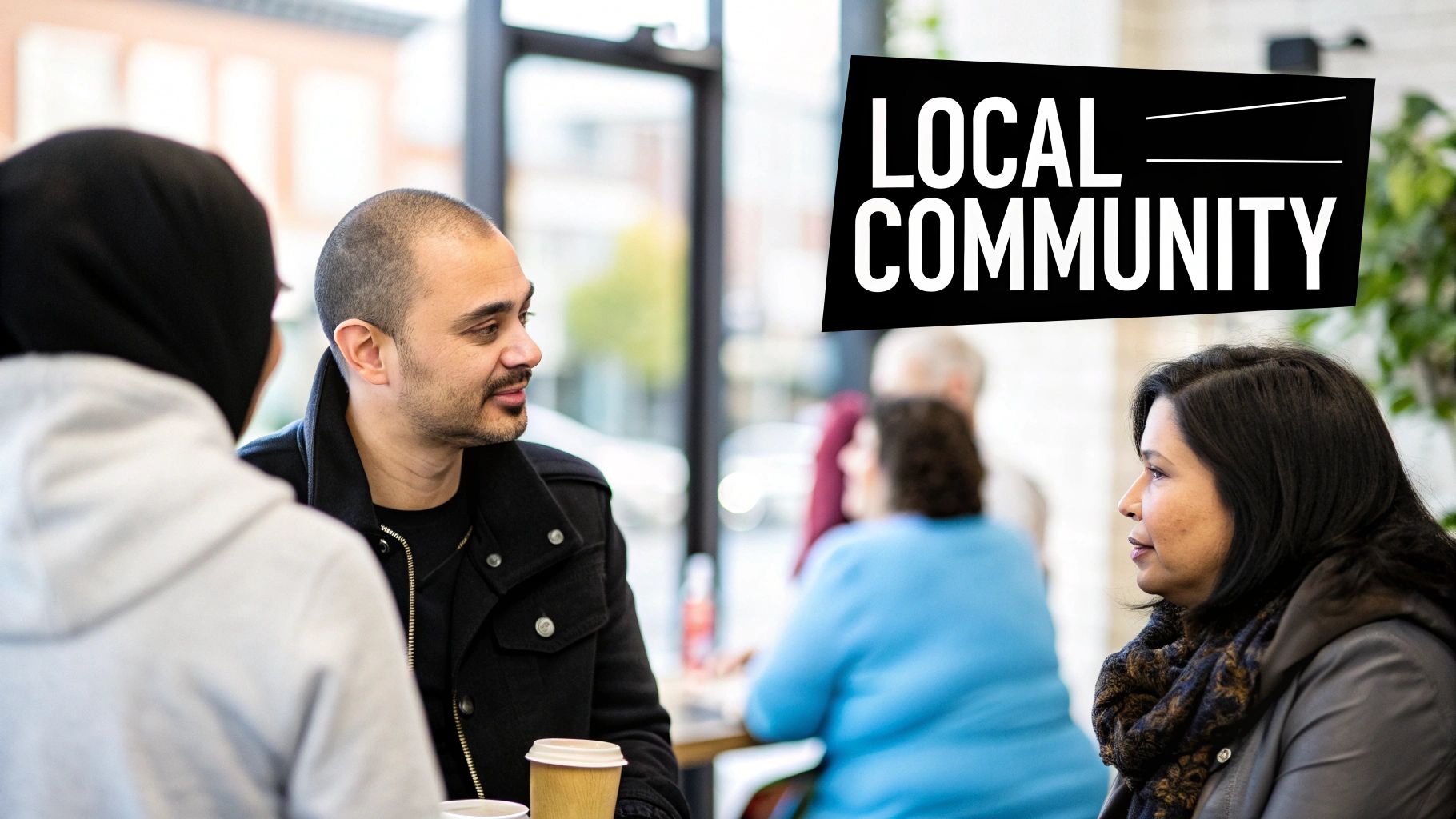 Diverse group of people having friendly conversation at local community gathering event