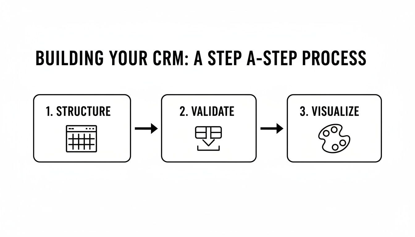 A visual guide illustrating a three-step process for building a CRM: structure, validate, and visualize data.