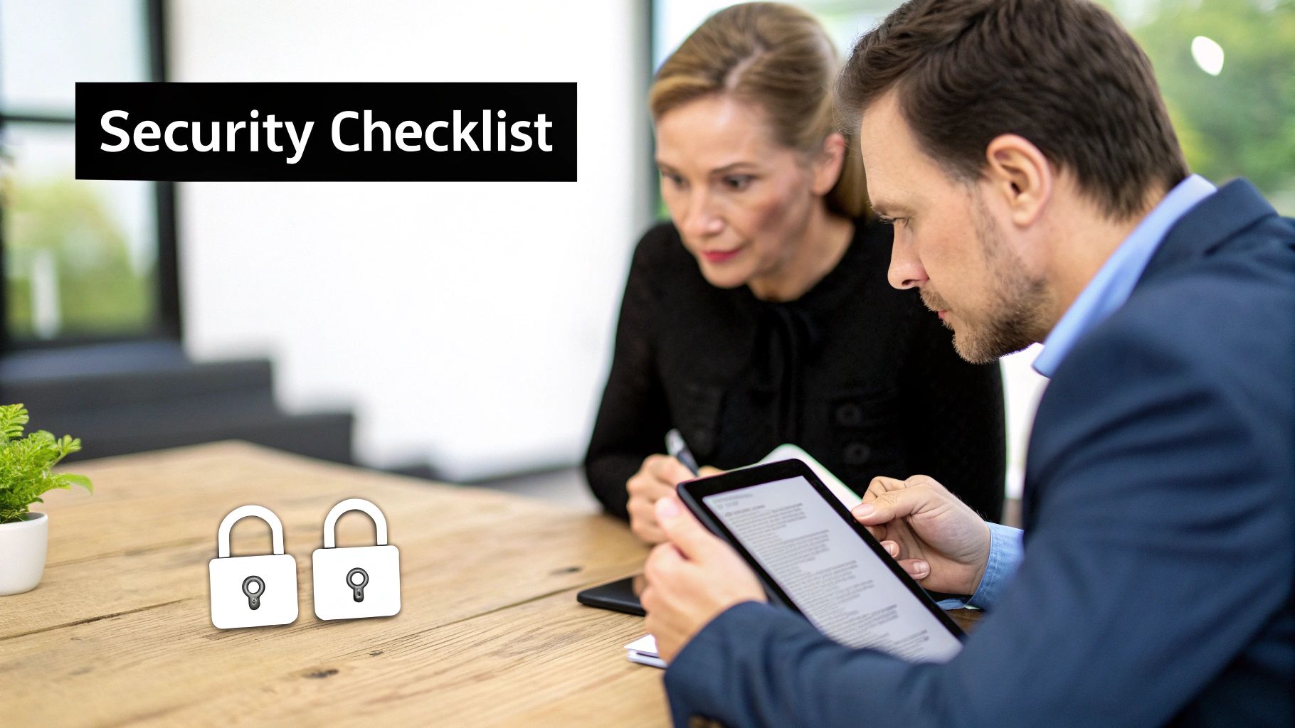 Two professionals review a security checklist on a tablet, with padlock icons on the table.