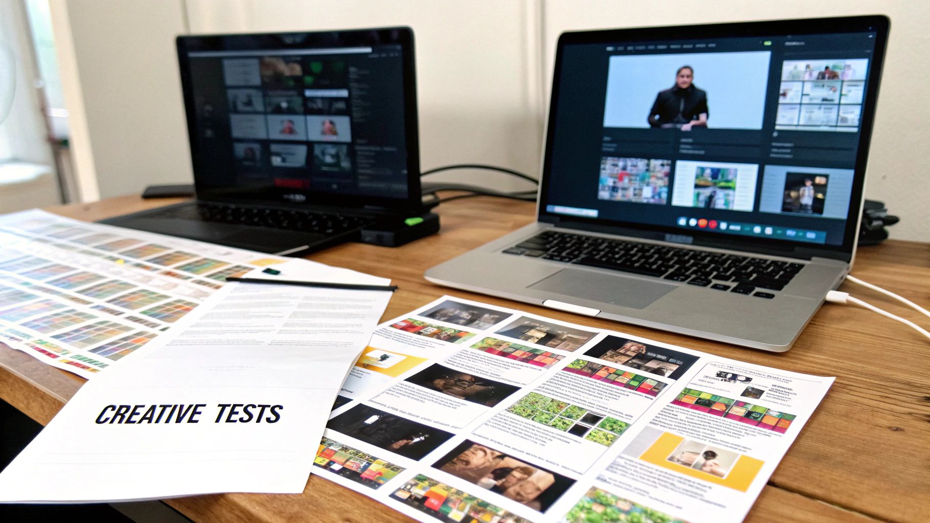 Two laptops and creative test documents on a wooden desk, showing digital content and printouts.