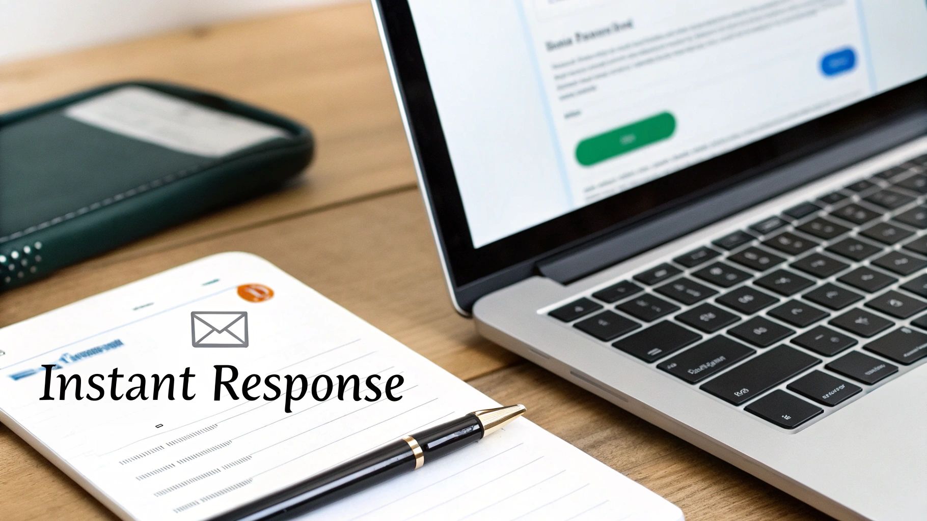 A laptop, notebook with 'Instant Response' and email icon, and a pen on a wooden desk, symbolizing digital communication.