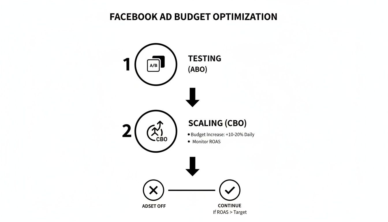 Diagram illustrating Facebook ad budget optimization with steps: testing (ABO), scaling (CBO), and decision based on ROAS.