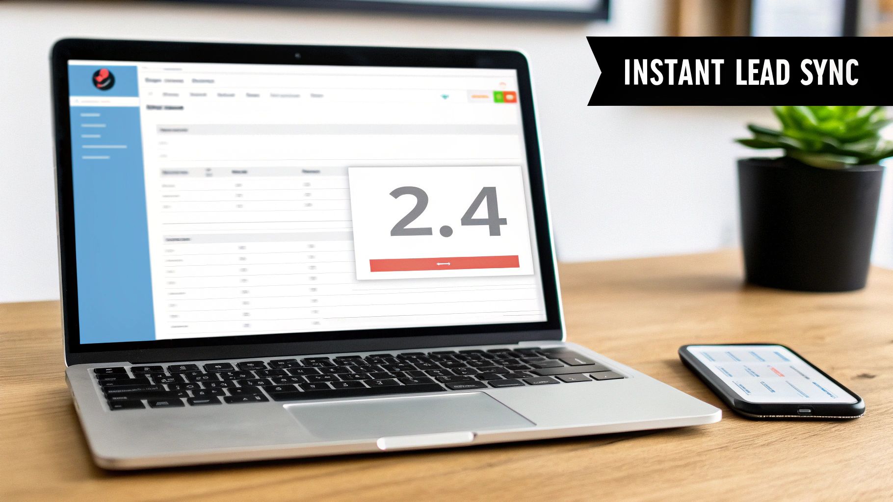 Laptop and smartphone on a desk, displaying a software application with 'INSTANT LEAD SYNC' banner.