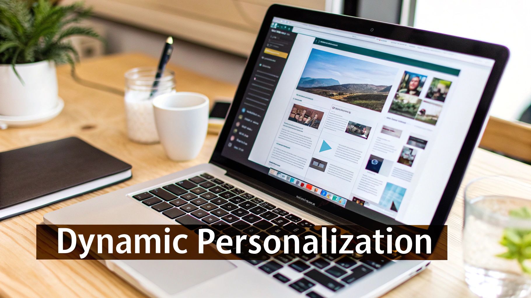 A laptop on a wooden desk showing a website with dynamic personalization content, surrounded by office items.