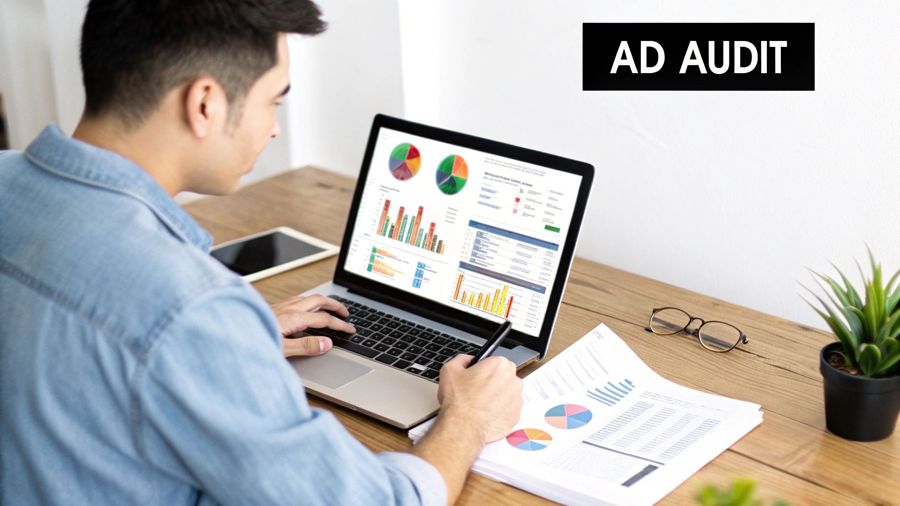 Man reviewing ad audit data and performance charts on a laptop and printed documents on a wooden desk.