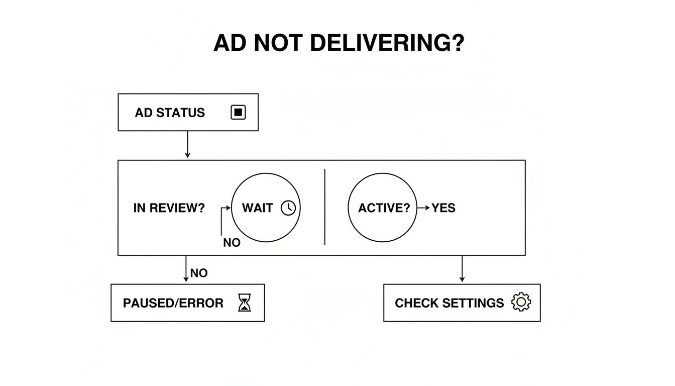 Flowchart guiding troubleshooting for a non-delivering ad, checking status, review, wait, pause, or settings.