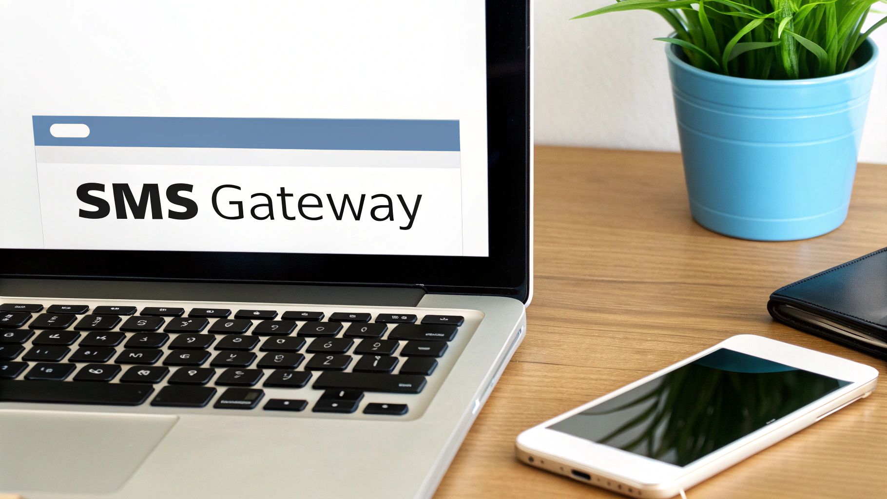 A laptop displaying 'SMS Gateway' on screen, with a smartphone and plant on a wooden desk.
