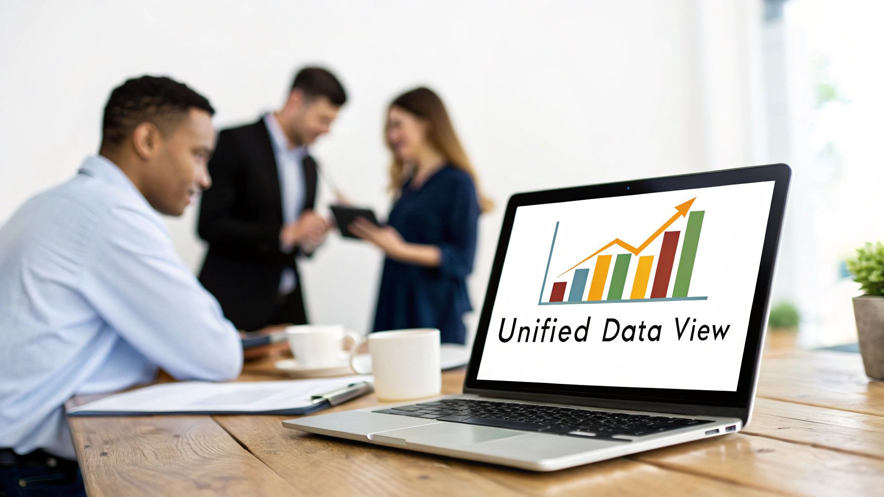 An illustration showing different business icons (sales, marketing, support) connected to a central CRM hub, symbolizing a unified system.