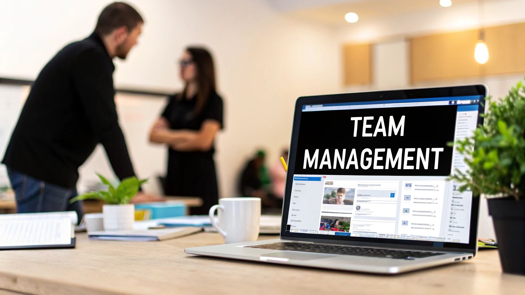 A laptop displaying 'TEAM MANAGEMENT' on screen, with colleagues talking in a modern office background.