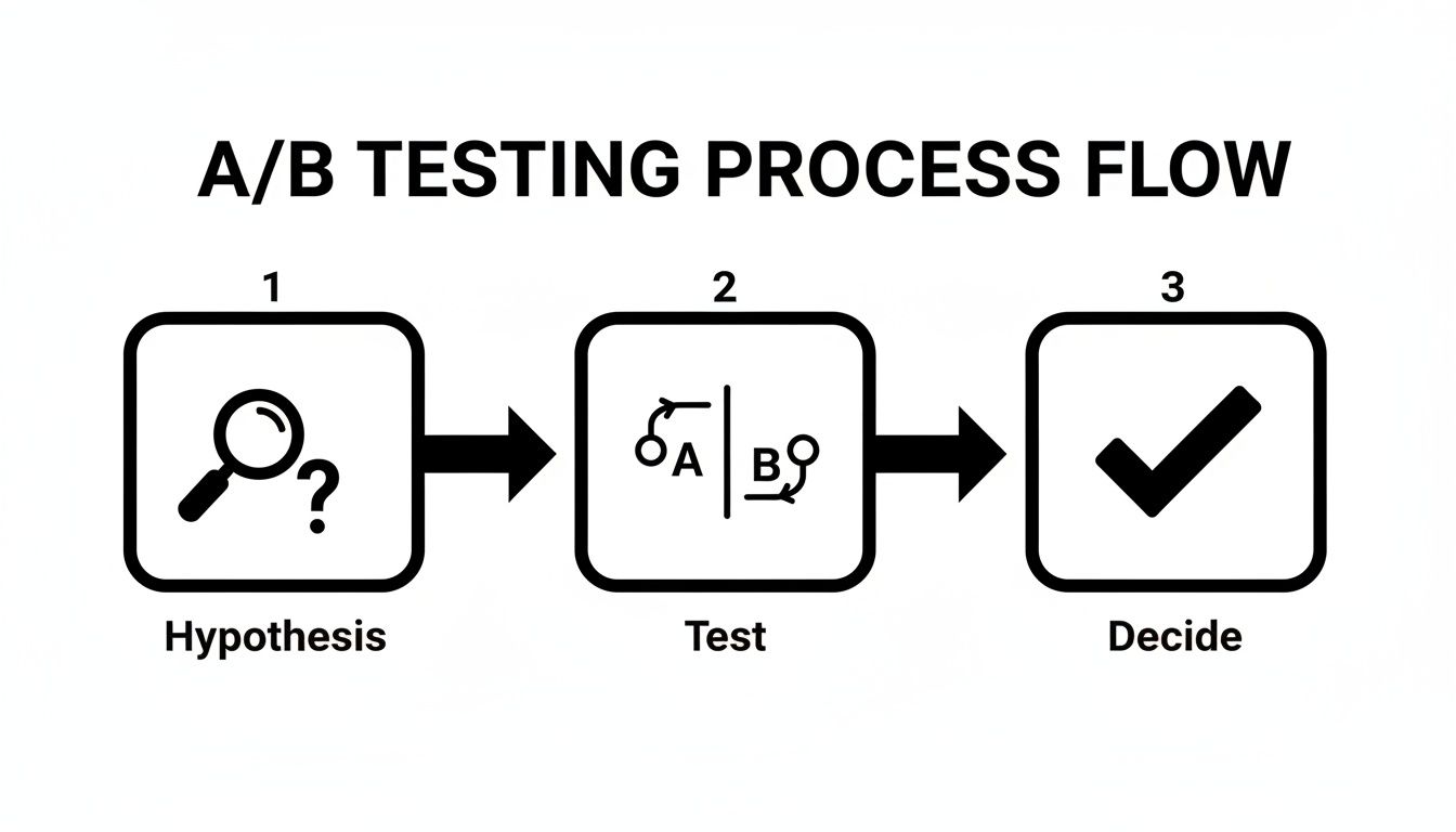 Flowchart illustrating the three steps of A/B testing: Hypothesis, Test, and Decide.